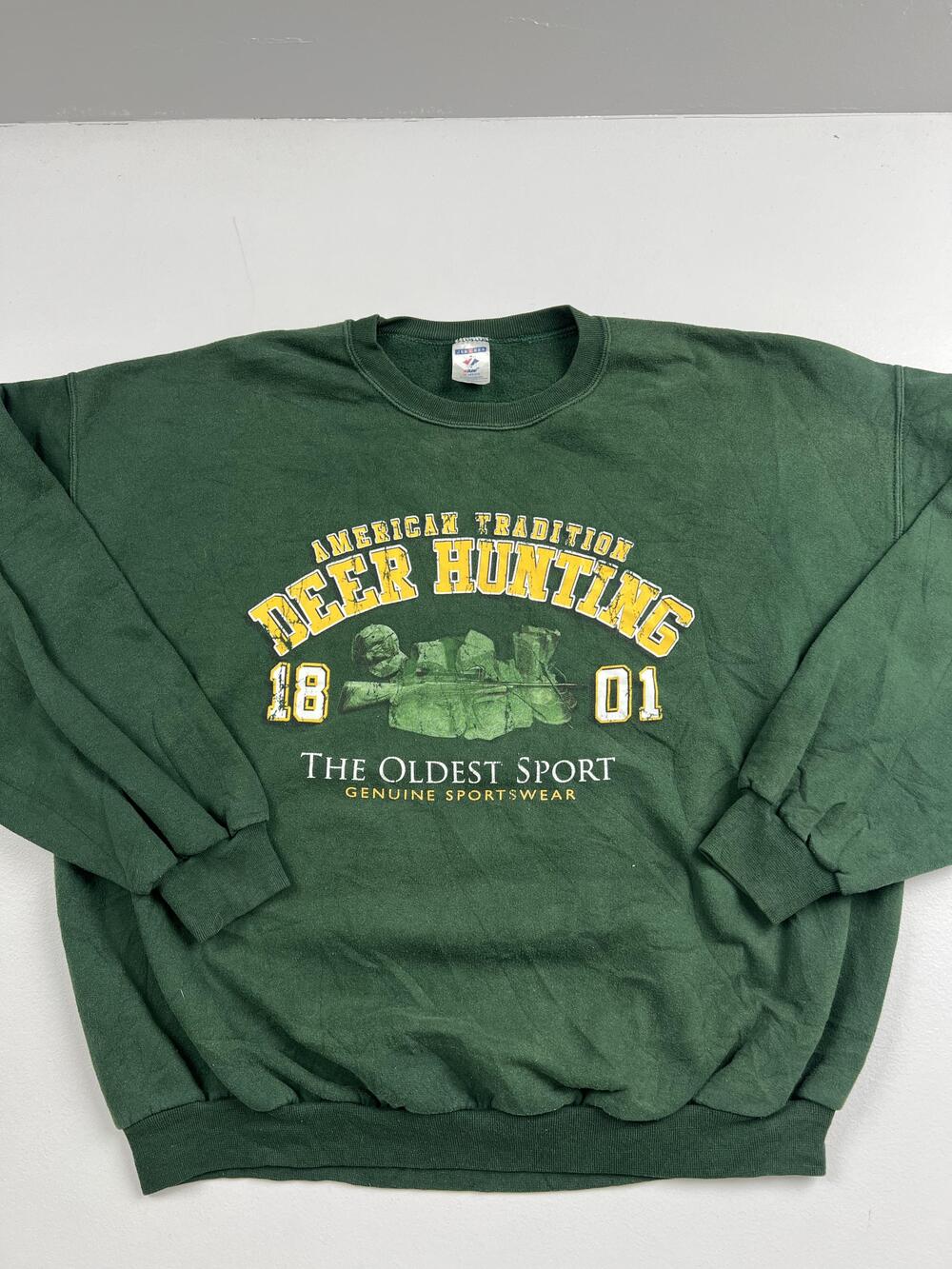 Jerzees Sweatshirt Mens 2XL Green Fleece Crewneck Deer Hunting Graphic Pullover